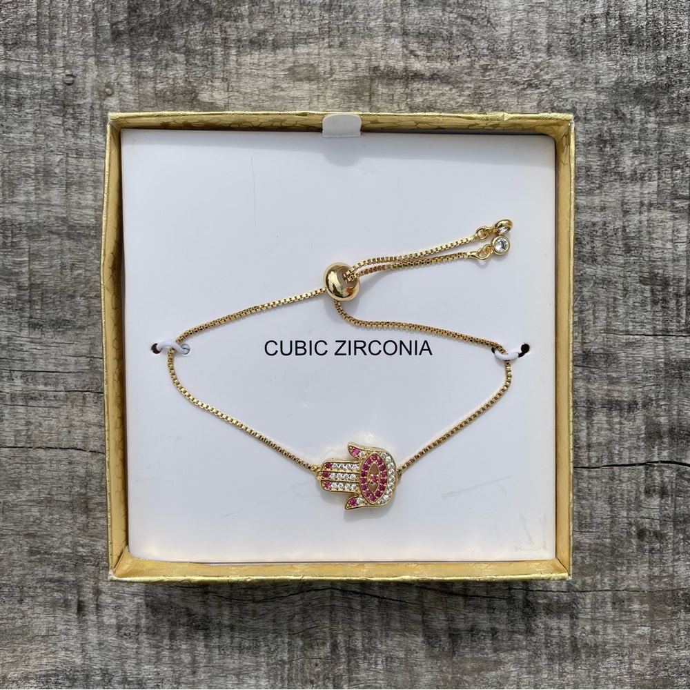 Gold and pink Hamsa hand cubic zirconia bracelet